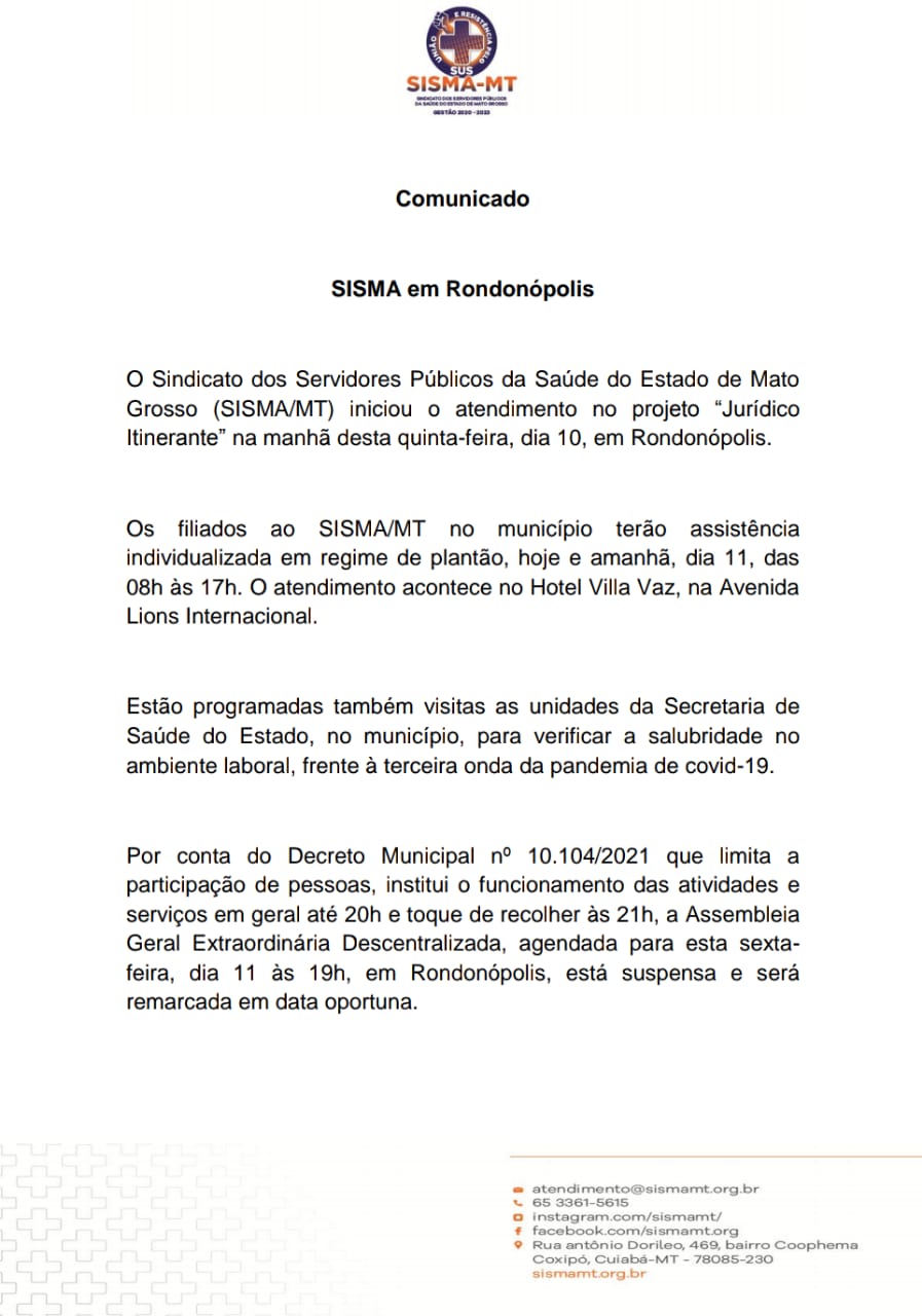Comunicado: SISMA em Rondonópolis